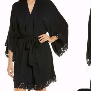 Eberjey Black Lace Trim Jersey Knit Robe S